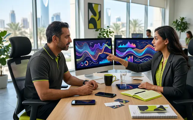 Digital marketing consultant for small business discussing marketing strategy and business growth with a small business owner during a professional consultation.