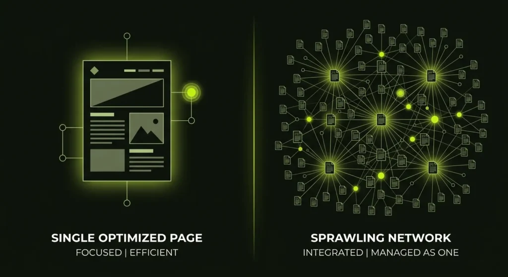 A visual map of a complex website architecture illustrating crawl budget optimization and internal linking for an enterprise site.
