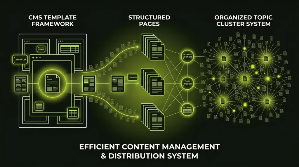 A diagram illustrating the core pillars of enterprise SEO including scalability, automation, data analysis, and team collaboration.