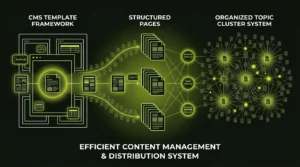 A diagram illustrating the core pillars of enterprise SEO including scalability, automation, data analysis, and team collaboration.