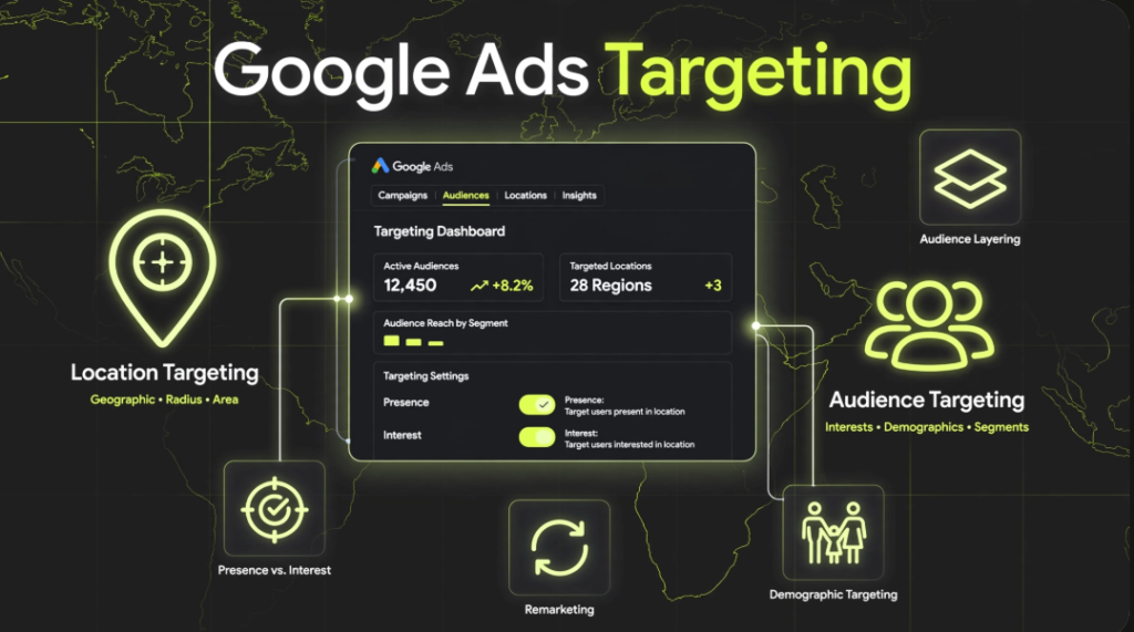 Google Ads Audience and Location Targeting diagram showcasing location targeting options alongside audience targeting elements including demographic targeting, remarketing, and audience layering.