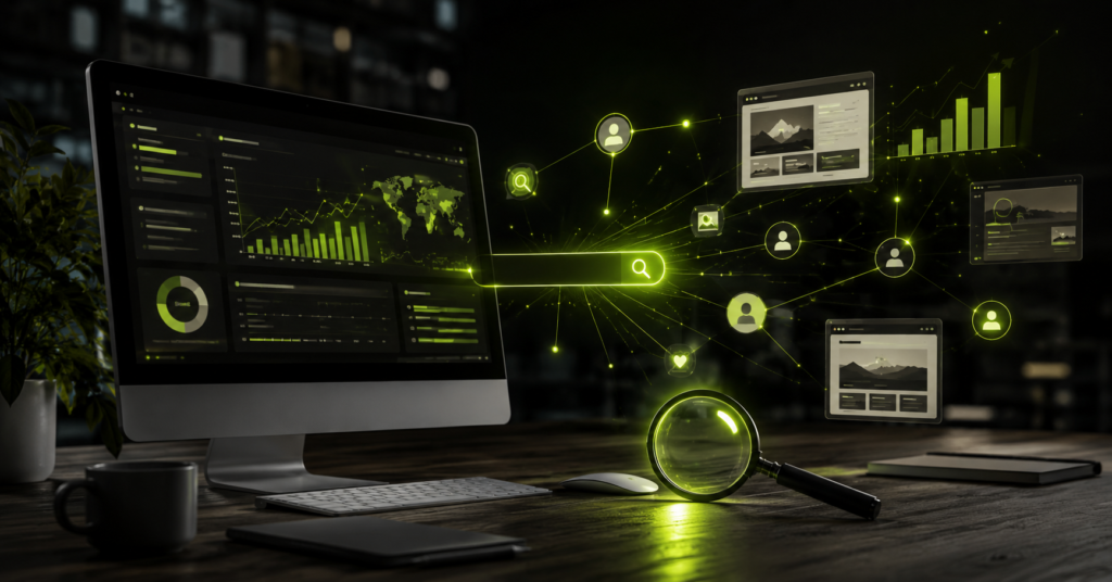 Modern laptop displaying an SEO keyword research dashboard with keyword analysis and search ranking insights
