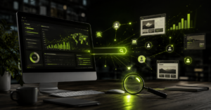 Modern laptop displaying an SEO keyword research dashboard with keyword analysis and search ranking insights