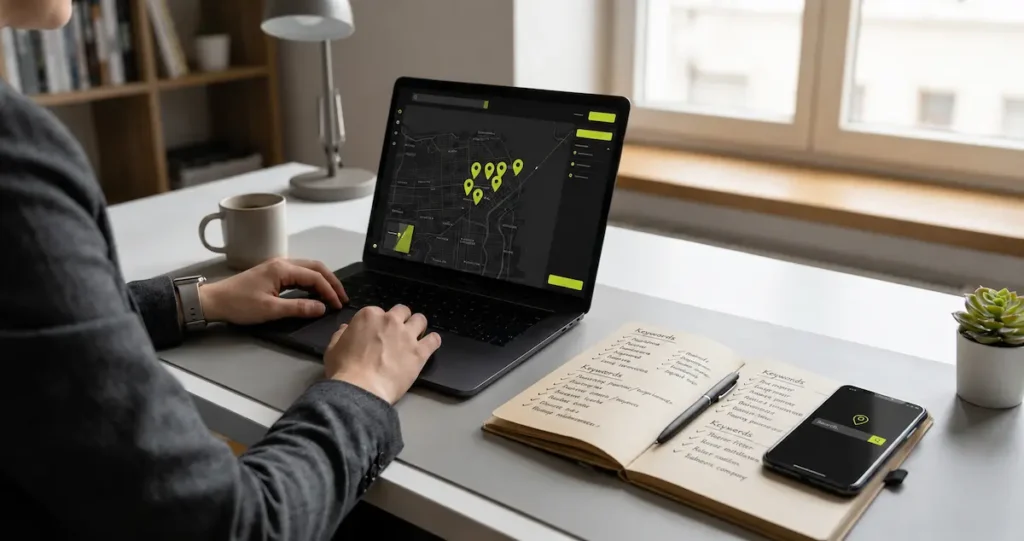 Marketing professional's desk showing a laptop with a local map and search results highlighting nearby business locations