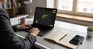 Marketing professional's desk showing a laptop with a local map and search results highlighting nearby business locations