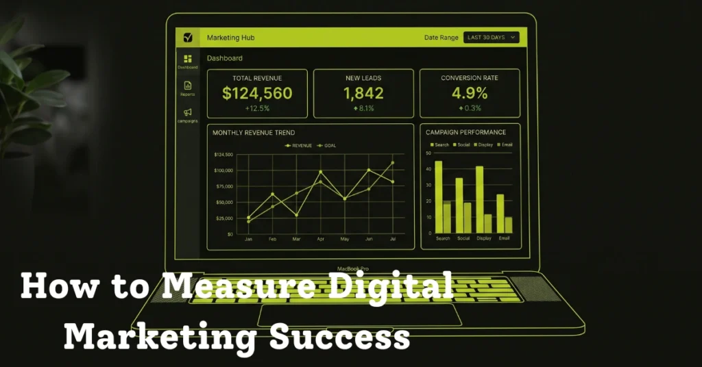 Marketing dashboard on laptop screen showing revenue, leads, and conversion rate KPIs for measuring digital marketing success
