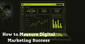 Marketing dashboard on laptop screen showing revenue, leads, and conversion rate KPIs for measuring digital marketing success