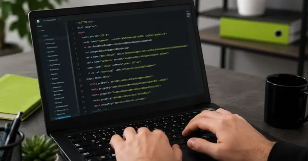 Developer optimizing HTML meta tags for SEO on a laptop