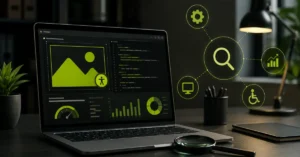 Writing SEO-friendly alt text for website images on a laptop.