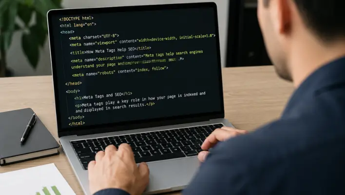 Person reviewing HTML meta tags on a laptop for SEO