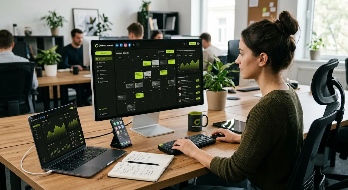 A social media manager at her desk as she manages multiple social media accounts using a dark-mode content calendar dashboard on a large desktop monitor.