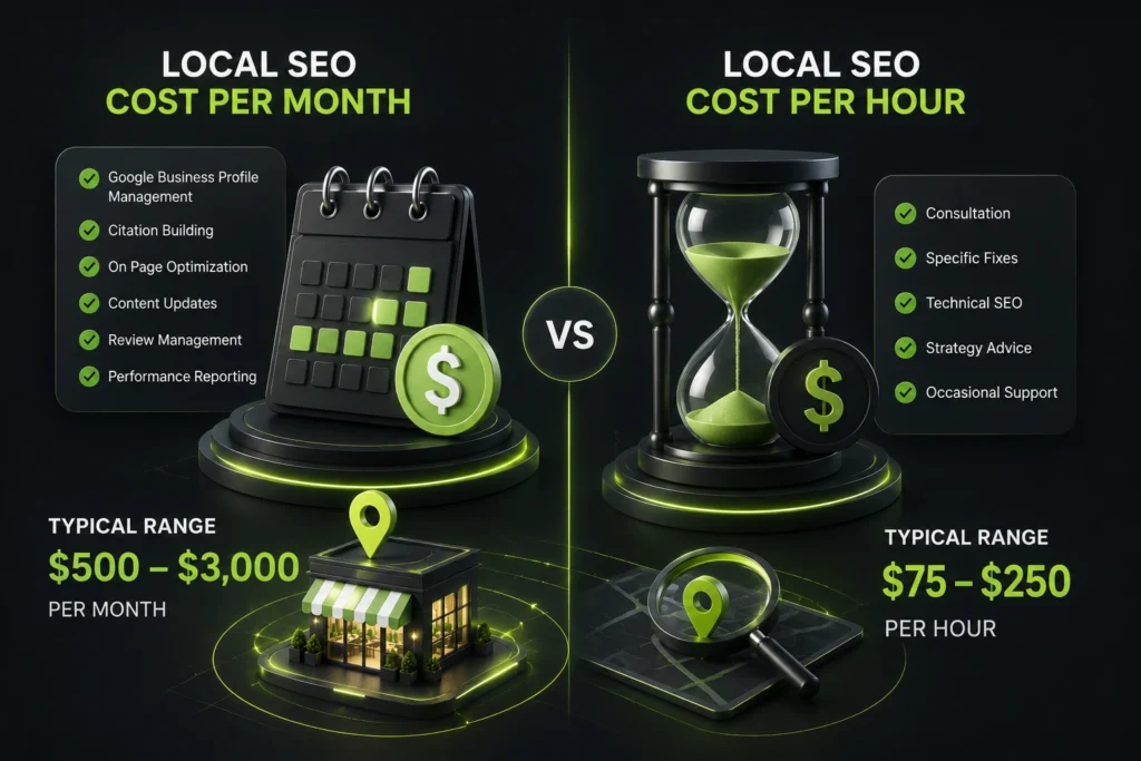 monthly local SEO retainer pricing between 500 and 3000 dollars
