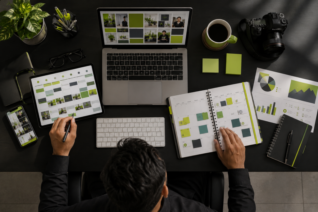  Social Media Content Ideas for Small Business Overhead workspace with tablet, laptop, planner, smartphone, coffee cup, keyboard, camera, and monthly social media content calendar.