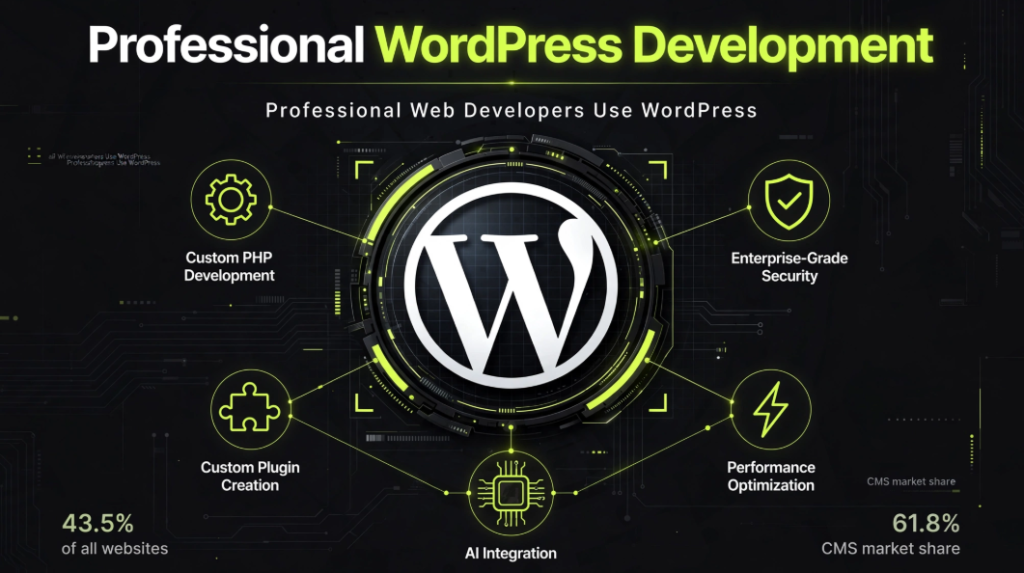 Visual infographic titled "Professional WordPress Development" highlighting core features of Professional Web Developers, including Custom PHP Development, Enterprise-Grade Security, Artificial Intelligence Integration, and Performance Optimization, with market statistics showing 43.5% web usage and 61.8% Content Management System market share.