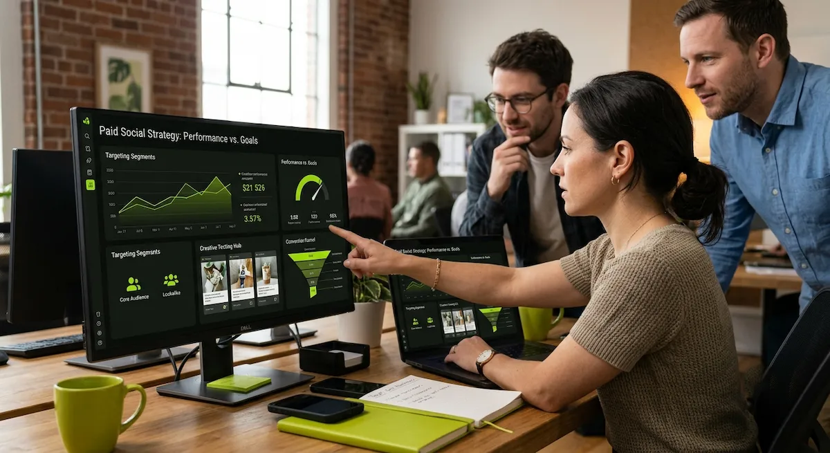 A dedicated marketing team collaborating around a large monitor displaying conversion funnels and performance metrics to effectively run ads on social media.