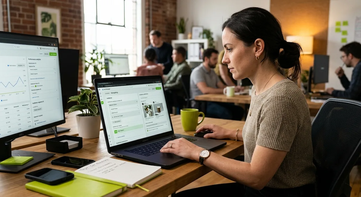 A professional digital marketer analyzing a custom audience retargeting dashboard on her laptop to run ads on social media in a modern office
