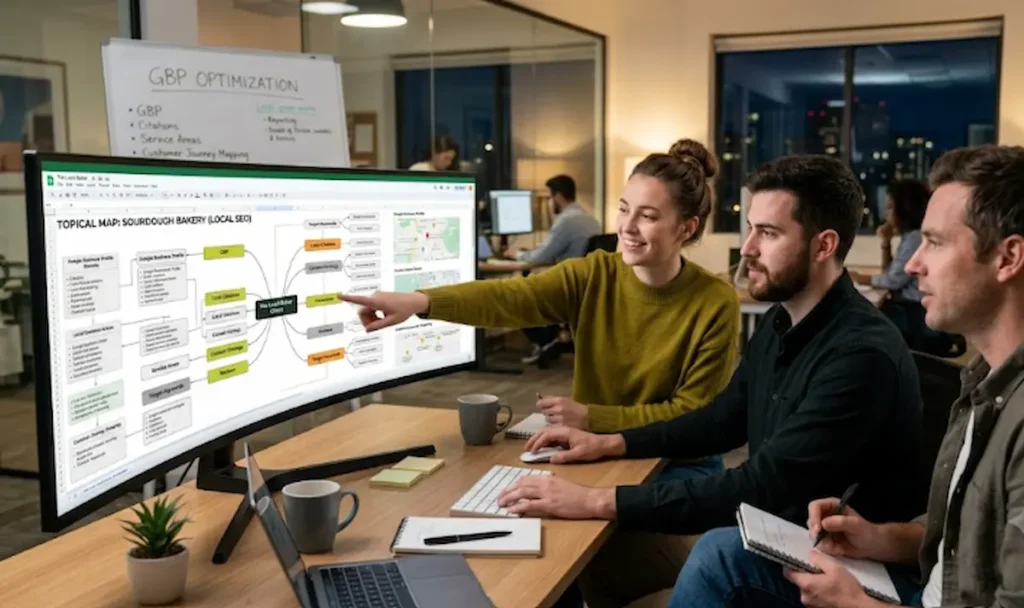 Team of digital marketing specialists reviewing SEO analytics dashboards on a large monitor