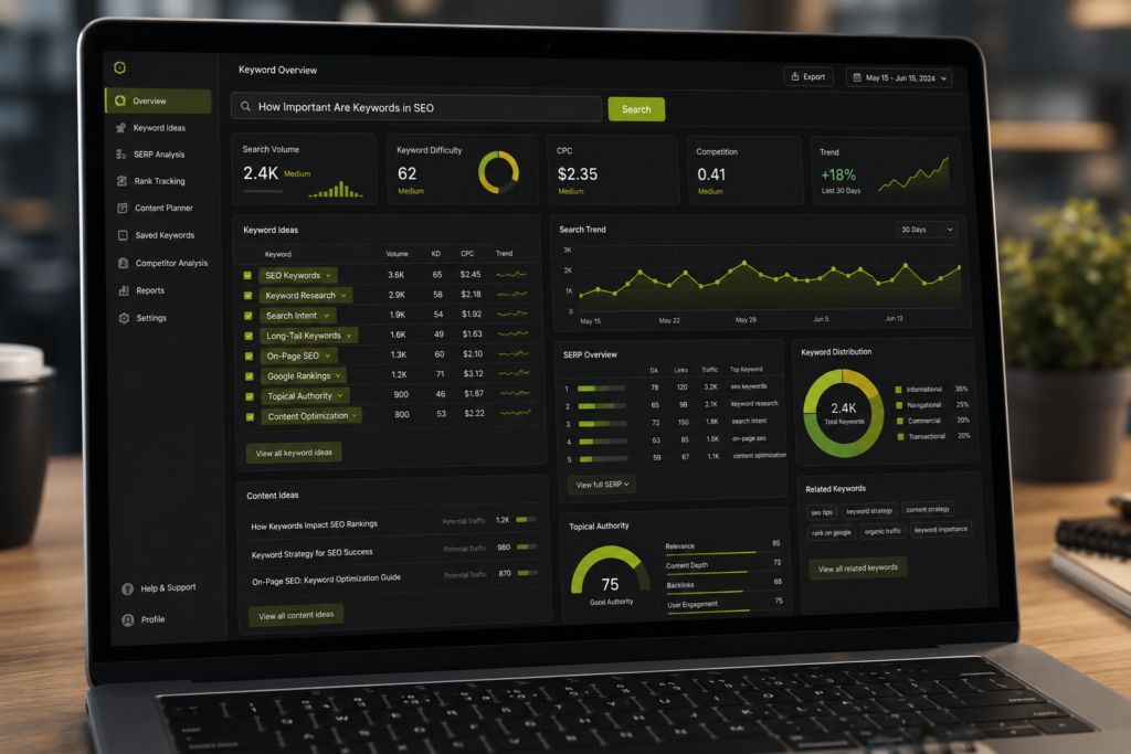 Laptop showing an SEO how important are keywords in SEO research dashboard with highlighted keyword analysis and search trends