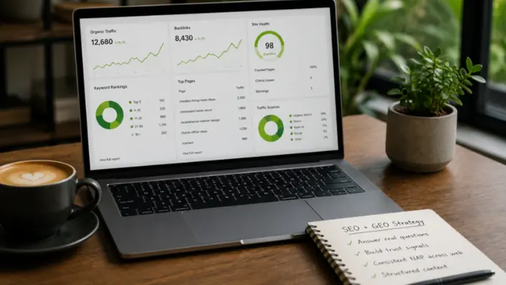 Laptop with SEO analytics in modern office