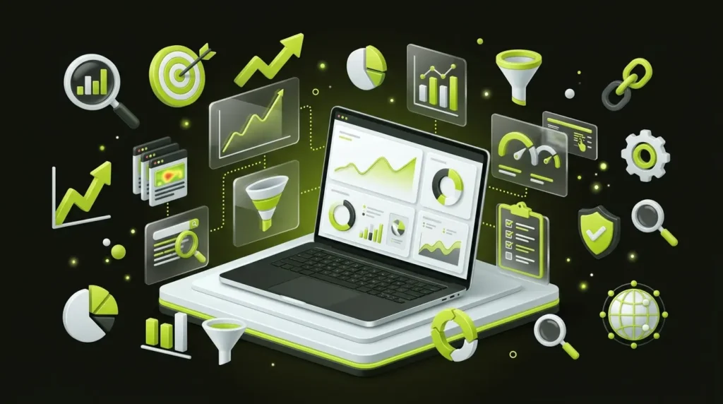 SEO metrics and KPIs dashboard showing organic traffic and rankings