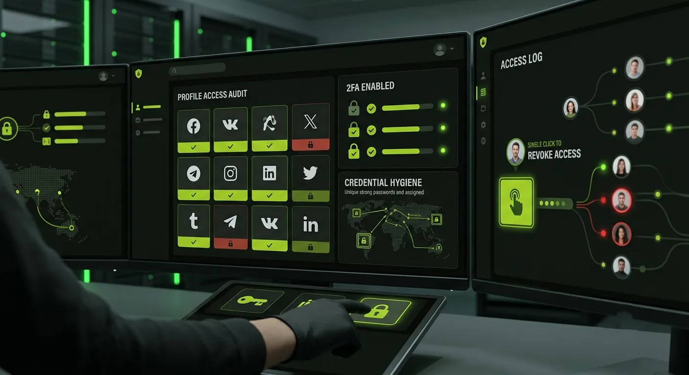 A cybersecurity professional in a server room monitoring a security dashboard that manages multiple social media accounts securely with 2FA checks and access logs
