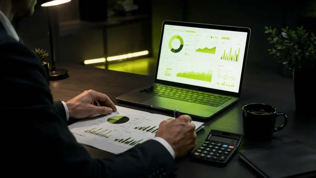 Small business owner planning a monthly digital marketing budget on a laptop