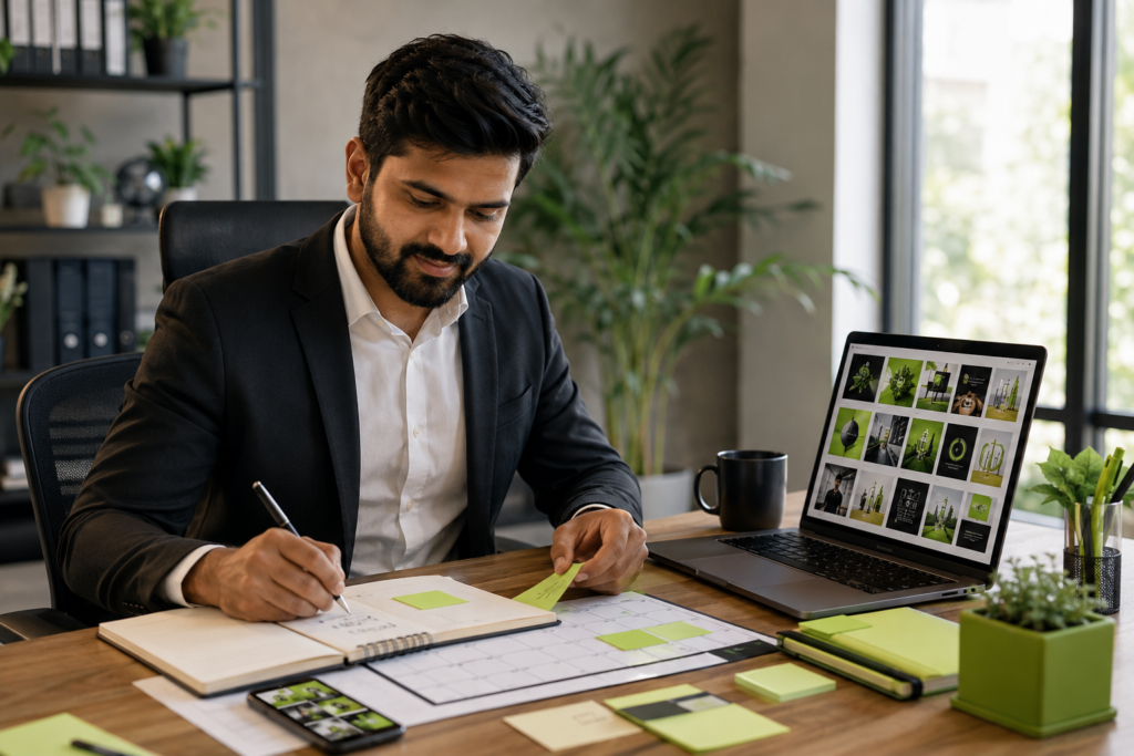 Business owner brainstorming social media ideas using a notebook, laptop, planner, smartphone, and sticky notes in a bright modern office.