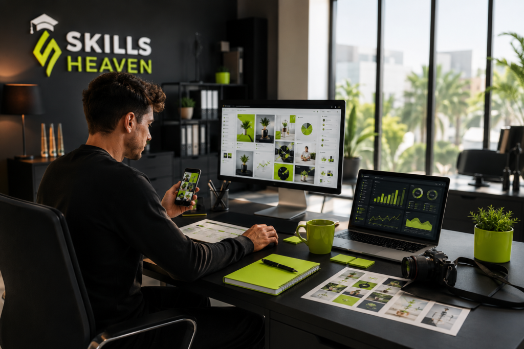 Overhead workspace with tablet, laptop, planner, smartphone, coffee cup, keyboard, camera, and monthly social media content calendar.