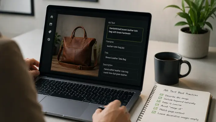 Person creating optimized image descriptions following alt text best practices.