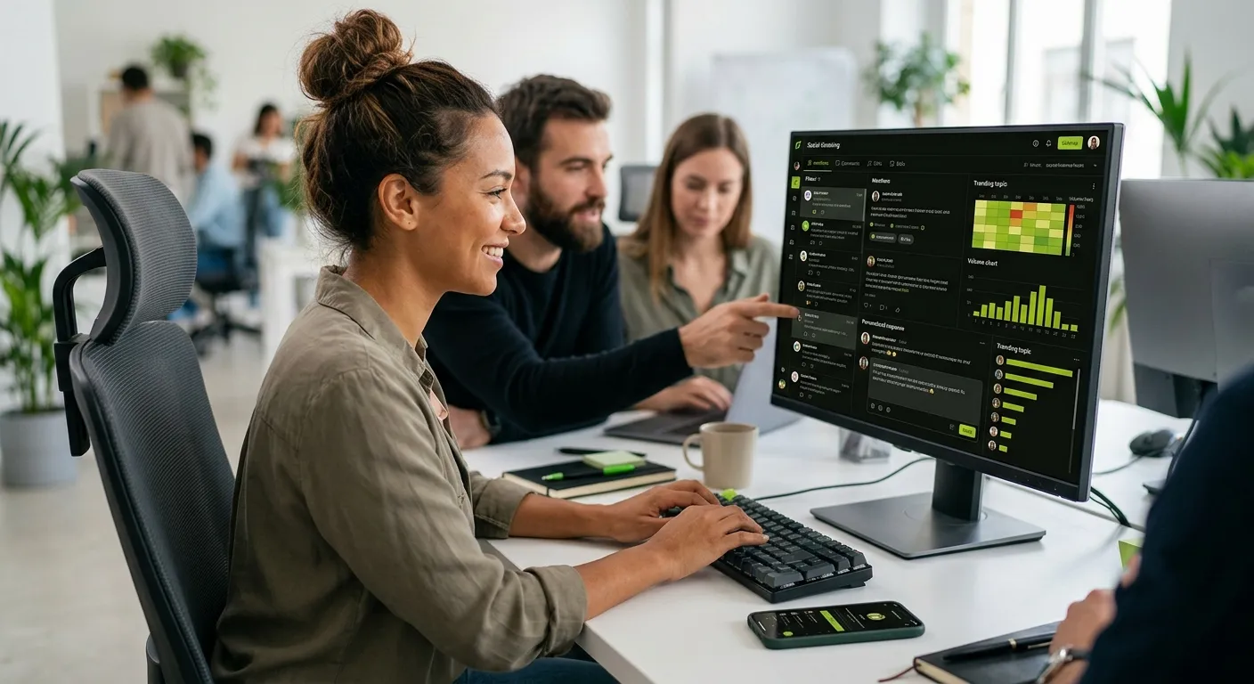 A smiling female marketing specialist typing on a keyboard as she manages multiple social media accounts with her team using a dark-theme social listening dashboard