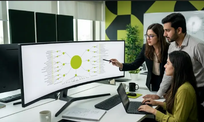 A professional SEO team collaborates around a large, curved desktop monitor in a modern office.