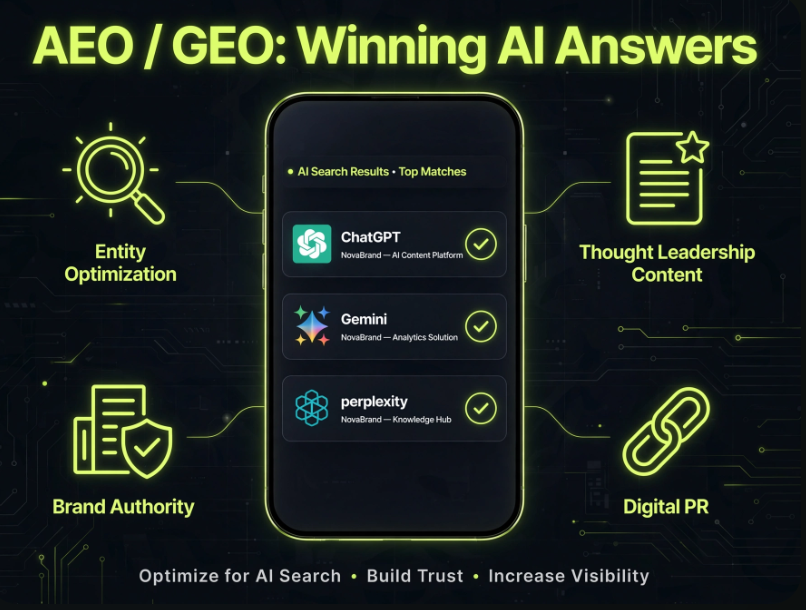 Infographic titled "AEO/GEO: Winning AI Answers" showing AI platforms (ChatGPT, Gemini, Perplexity) and brand elements like Thought Leadership, Content Optimization, Digital PR, and Brand Authority.