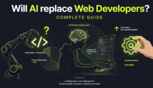 Blog featured image titled "Will AI replace Web Developers? Complete Guide" showing human-AI collaboration with brain icon, upward arrow, pie chart (Code Generation 38%, Judgment & Architecture 62%), and tagline "Evolving, not disappearing."