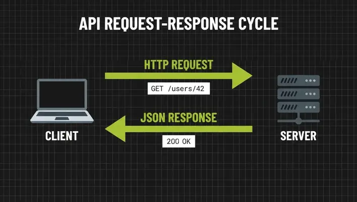 Diagram showing an HTTP request going from client to server and a JSON response returning with status code 200