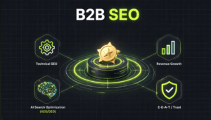 Text list of B2B SEO focus areas: Technical SEO, Revenue Growth, AI Search Optimization, E‑E‑A‑T/Trust, and AEO/GEO.