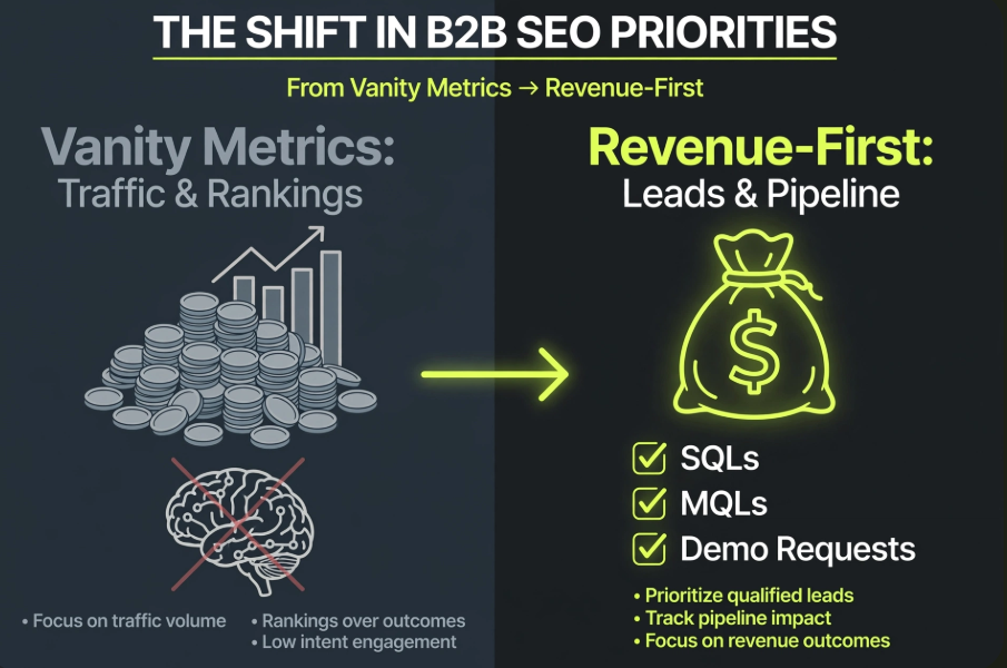 Infographic comparing Vanity Metrics (Traffic & Rankings) vs Revenue-First (Leads & Pipeline) in B2B SEO.