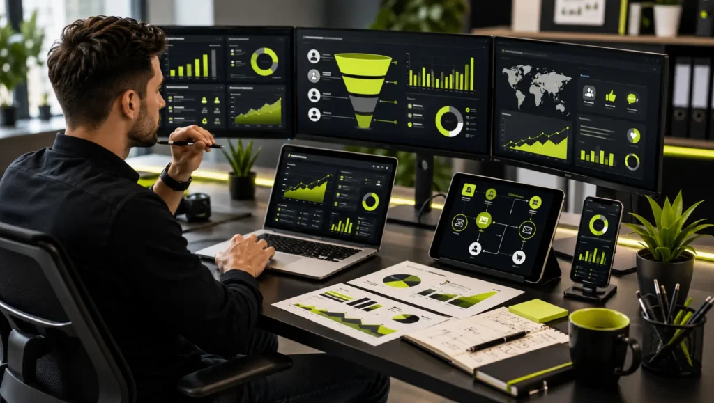 Marketing strategist researching buyer personas, marketing goals, and competitor analysis using analytics dashboards. how to create a digital marketing strategy for your business