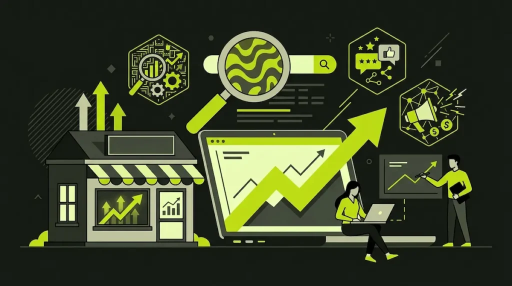 Digital marketing agency for small business growth illustration with SEO and ads icons
