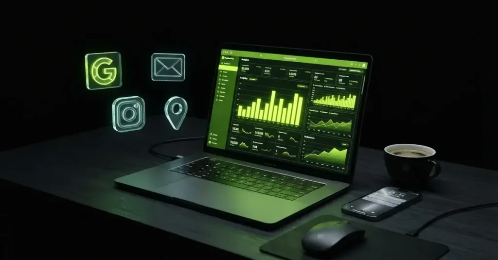 Digital marketing dashboard displaying SEO, social media, email marketing, analytics, and local marketing performance for business owners.