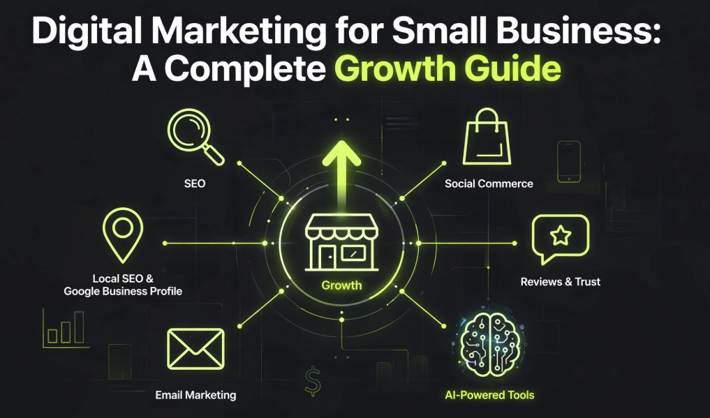 Digital marketing growth guide for small businesses featuring six key areas: SEO, Social Commerce, Reviews & Trust, Google Business Profile, Email Marketing, and AI-Powered Tools.