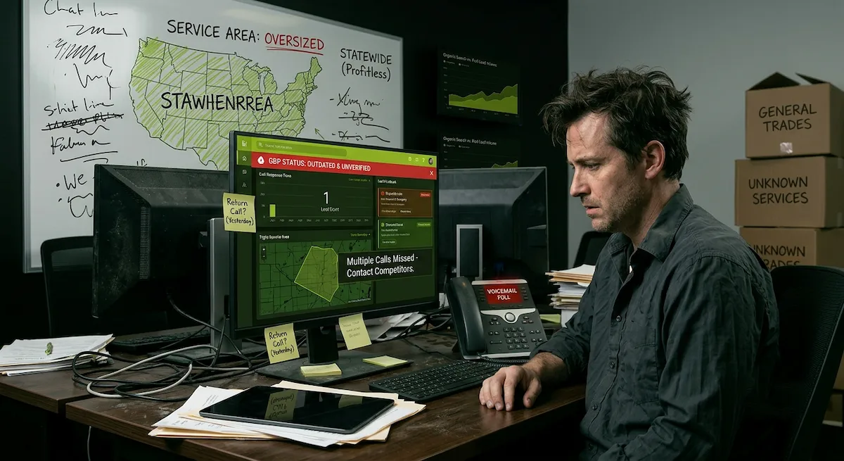 A stressed, exhausted local business owner looking at a messy desk and an unoptimized dashboard showing missed calls and unverified profile warnings, ruining his strategy for google local services ads.