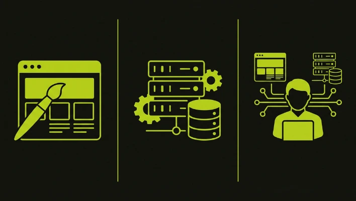Frontend vs backend vs full stack web development languages illustrated with a browser interface, server with database, and full stack developer