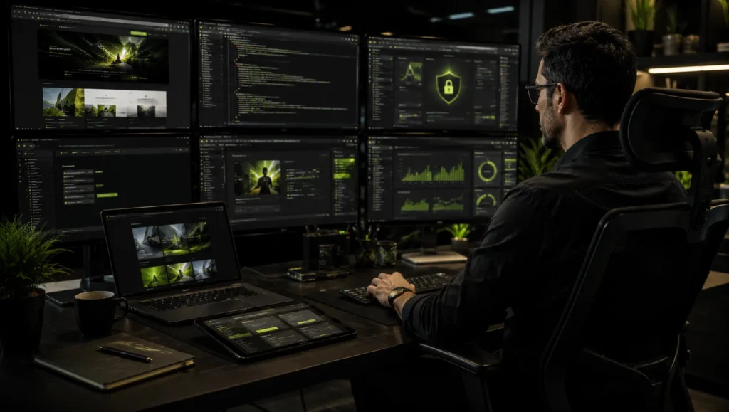 Web developer creating AI-powered and cloud-based web applications in a modern workspace. Why hire a web developer?