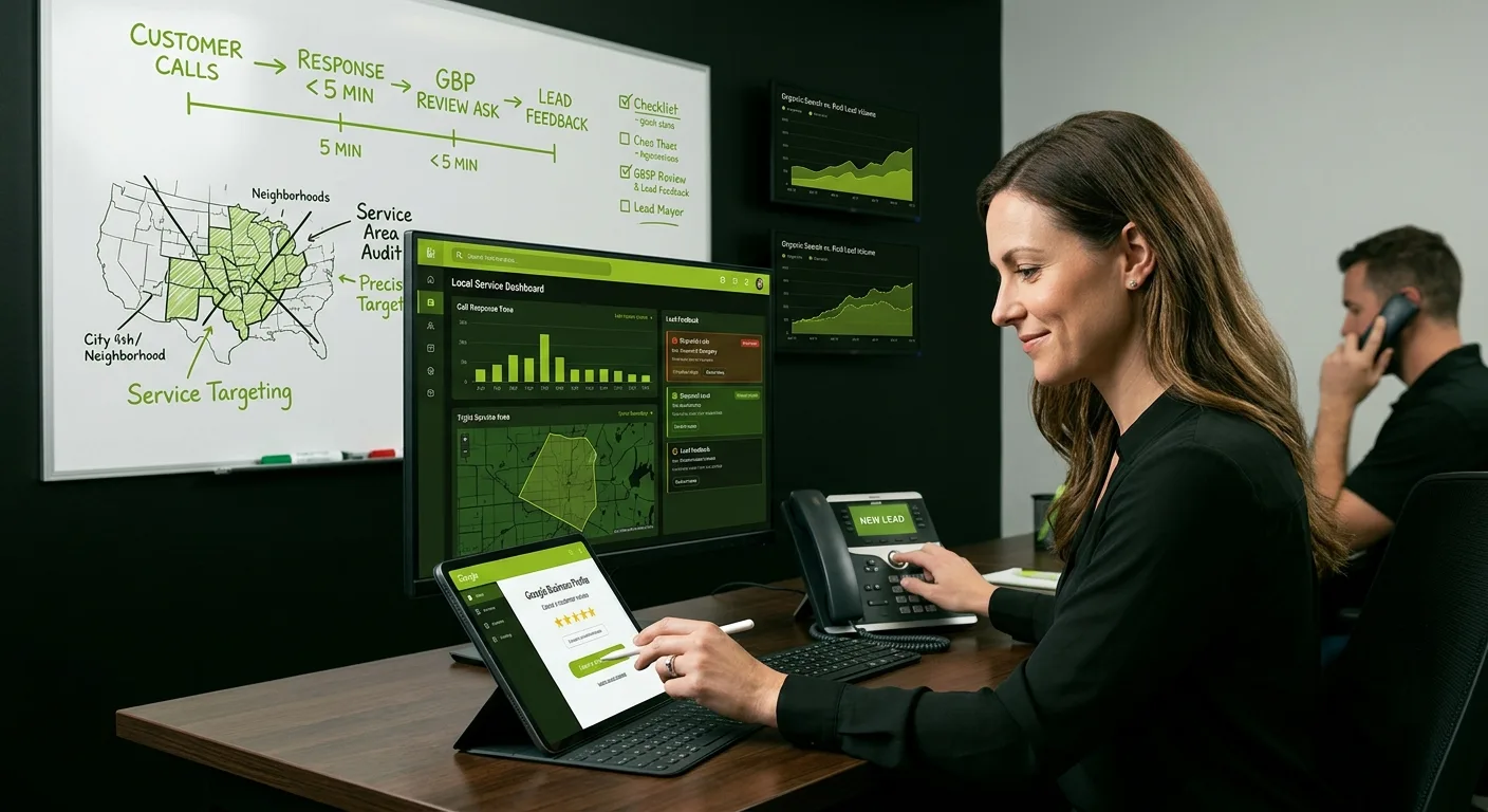 A side view of a female specialist optimizing response times and service targeting on a google local services ads management dashboard using a tablet and stylus