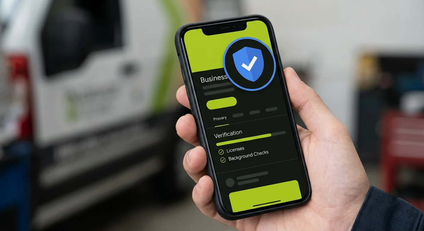 A close-up of a hand holding a smartphone that displays a business verification status screen showing completed license and background checks for google local services ads.