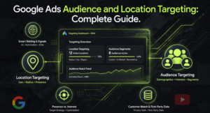 Google Ads audience and location targeting dashboard showing Smart Bidding, 12 active locations, 145K+ estimated reach, 8 active audience segments at 72%, plus Customer Match and first-party data features.