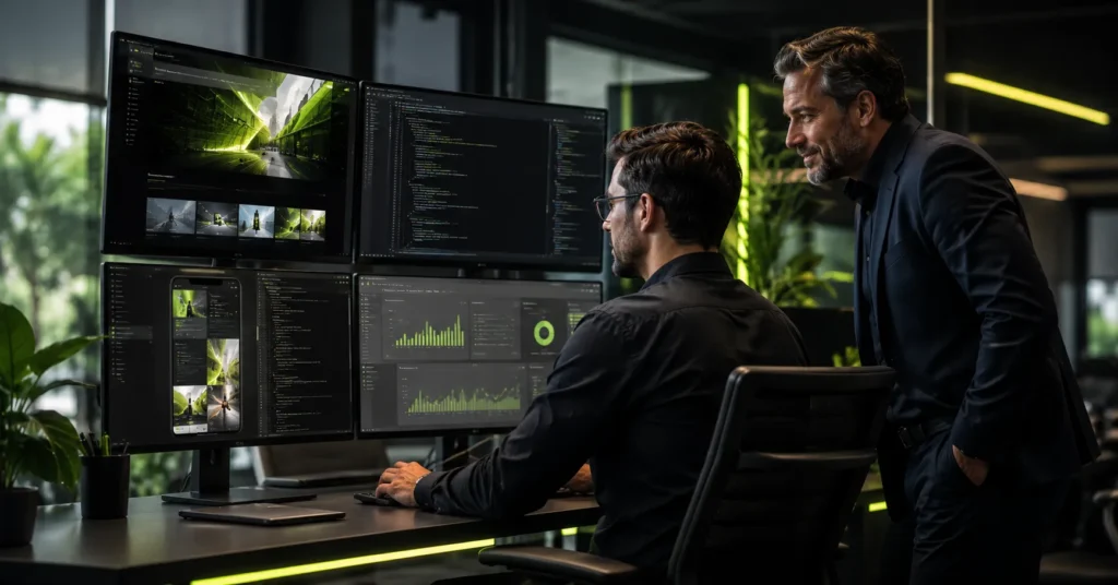 Professional web developer building a secure, responsive business website on multiple screens