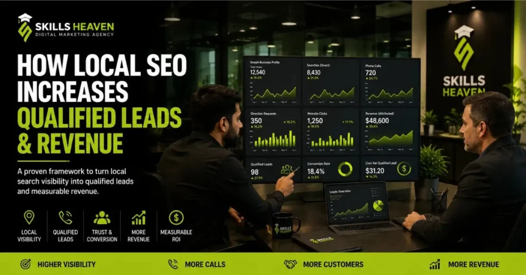 Business owner reviewing local SEO dashboard showing qualified leads and revenue growth.
