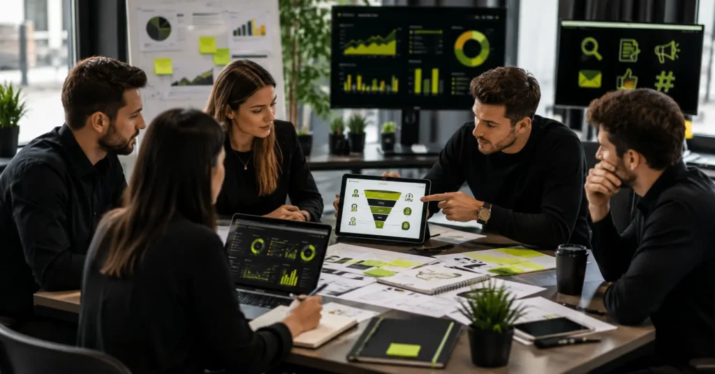 Business team creating a digital marketing strategy using SEO, content planning, analytics dashboards, and marketing funnel insights.