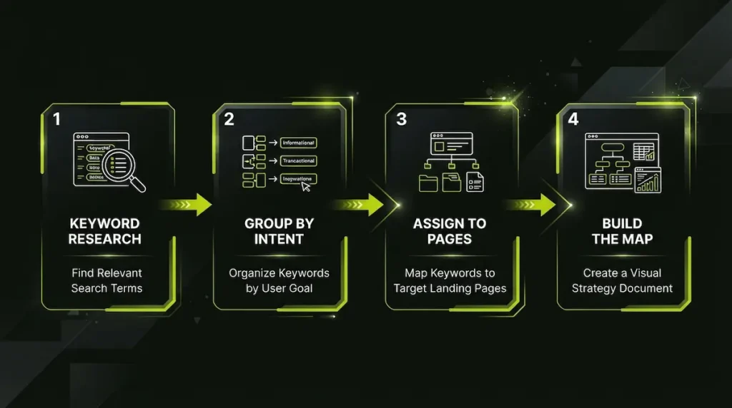 Step by step keyword mapping process for SEO showing keyword clusters assigned to website pages